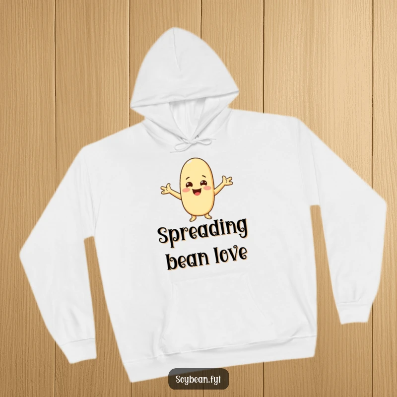 Funny Kawaii soybean character hoodie design, featuring the character extending open arms for a friendly, happy greeting.