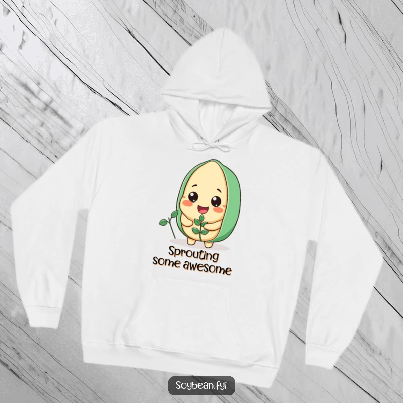 Funny Soybean Hoodie depicting a smiling soybean character tenderly holding a small plant, perfect for cozy, happy days.