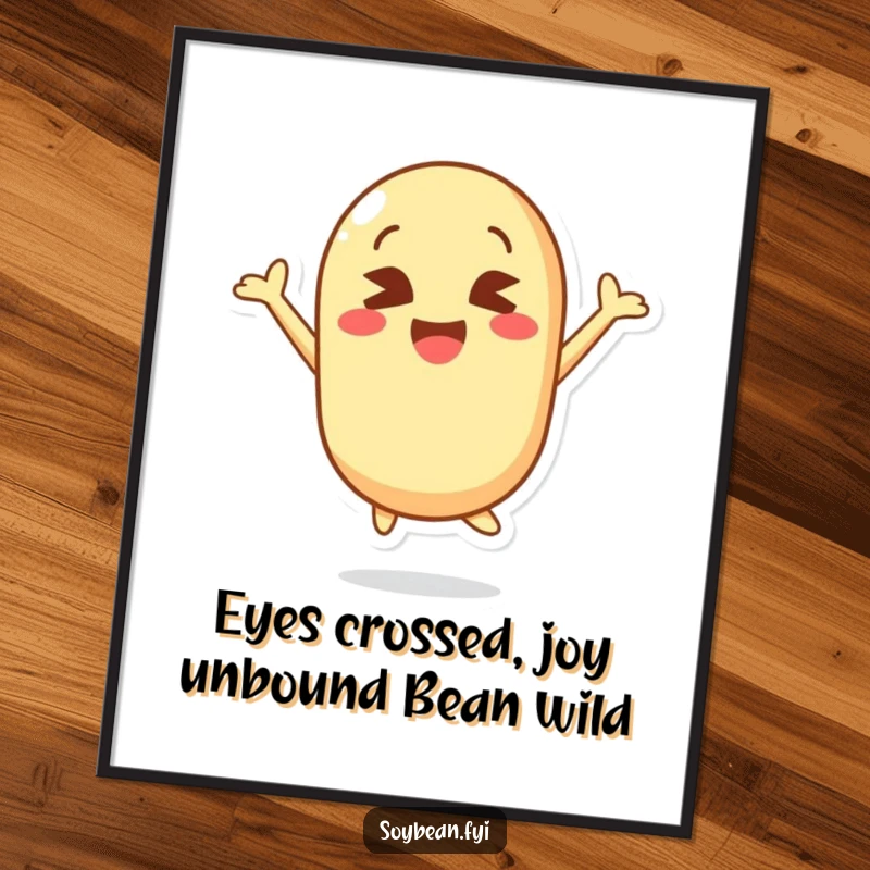 Funny Free Printable Wall Art: Kawaii soybean character mid-air in a joyful, cross-eyed jump.
