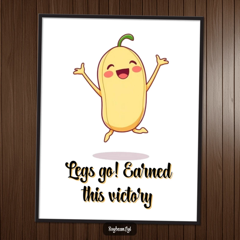 Funny Free Printable Wall Art: An excited soybean in a dynamic jumping jack pose, radiating pure, fun energy.