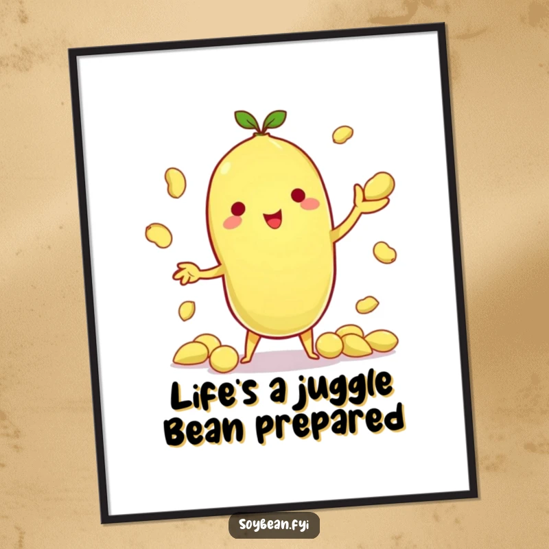 Funny Free Printable Wall Art: Kawaii soybean character expertly juggling several tiny edamame pods.