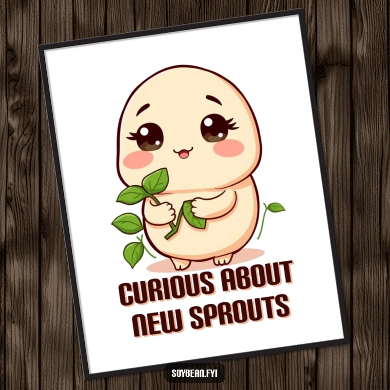 Funny Free Printable Wall Art: A kawaii soybean character holding a sprouting plant, looking at it with wide, inquisitive, and curious eyes.