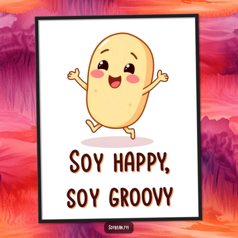 Funny Free Printable Wall Art: A cheerful soybean character dancing with tiny feet, radiating happiness and playful energy.