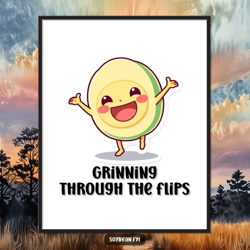 Funny Free Printable Wall Art: A kawaii soybean character mid-cartwheel with a massive, infectious grin, radiating pure joy and fun.