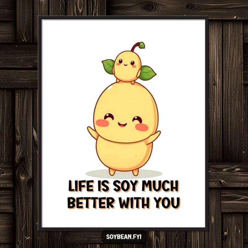 Funny Free Printable Wall Art: A kawaii soybean character humorously balances a baby soybean on its head, bringing smiles.