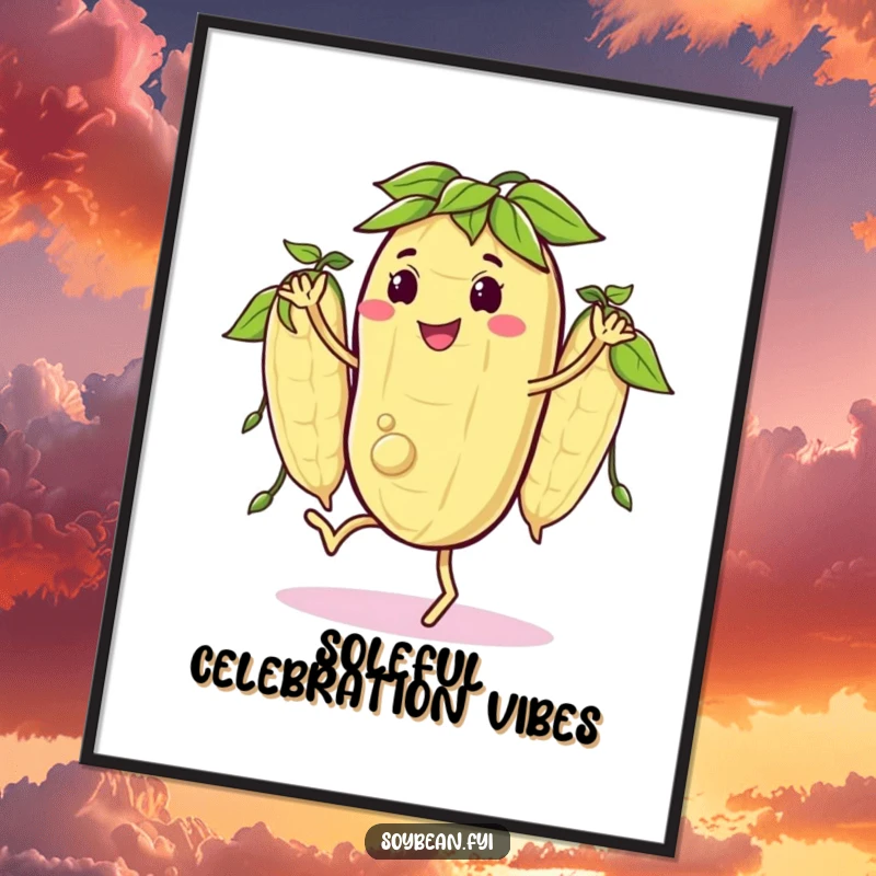 Funny Free Printable Wall Art: A happy soybean character doing a synchronized jig with its three bean pods.