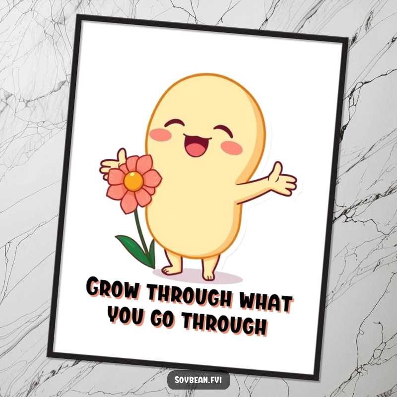 Funny Free Printable Wall Art: A joyous kawaii soybean character embraces a flower, radiating happiness and cheerful vibes.