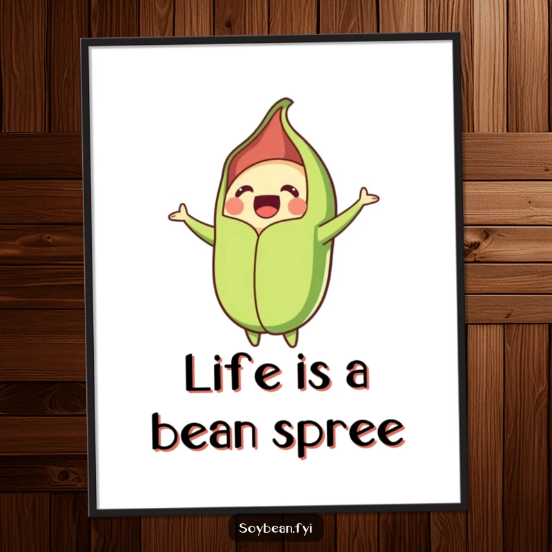 Funny Free Printable Wall Art: A happy soybean pod comically bursting open, radiating pure, vibrant joy.