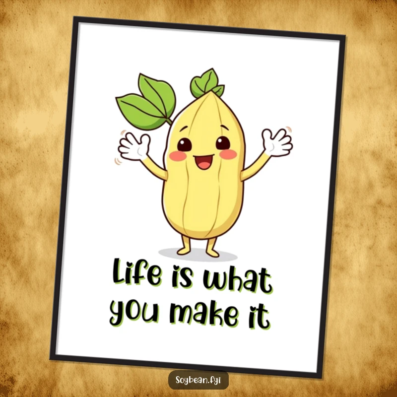 Funny Free Printable Wall Art: Happy kawaii soybean character waving its leafy arms enthusiastically, spreading positive energy.