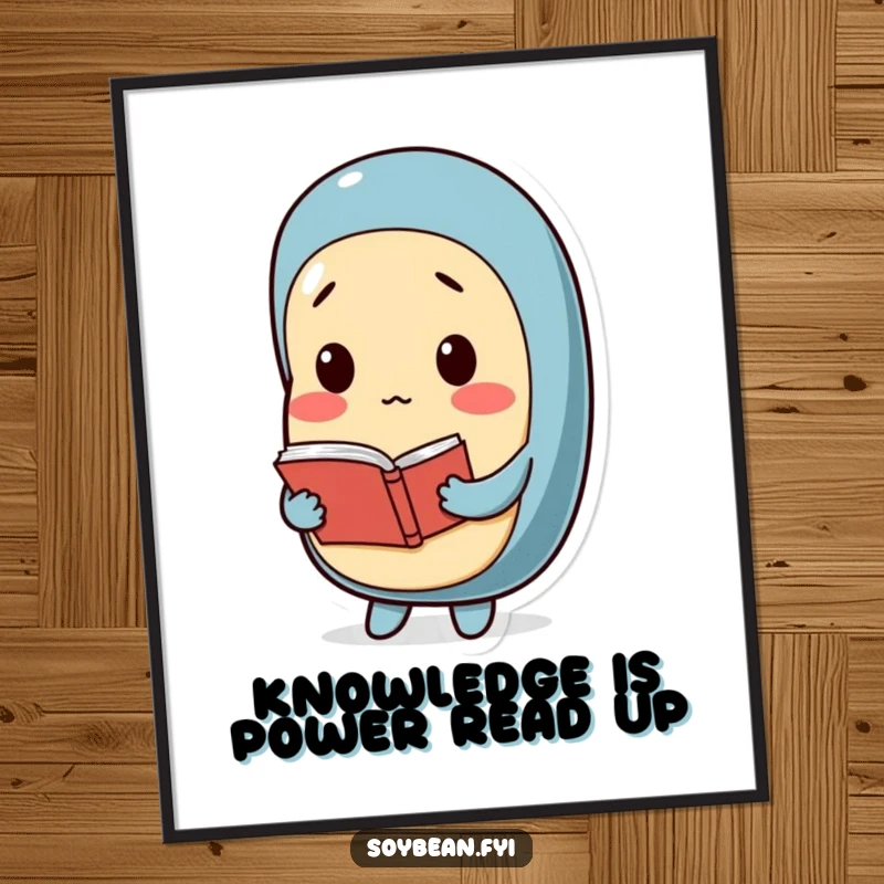 Funny Free Printable Wall Art: A quiet soybean character holding a small book, with a gentle, thoughtful expression. Calm DIY wall decor.