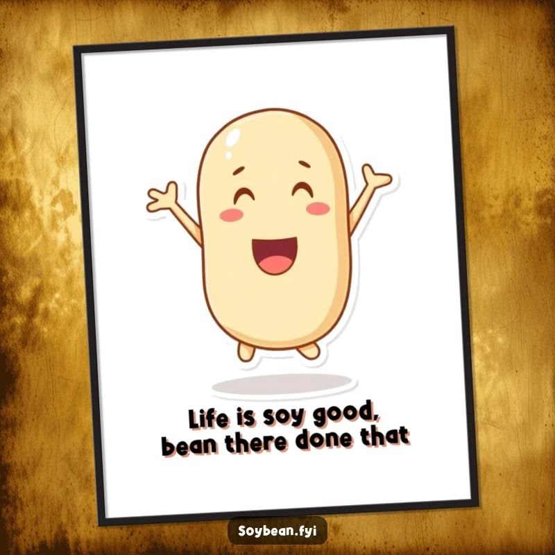 Funny Free Printable Wall Art portraying a vibrant soybean character caught in a moment of ecstatic, joyful leaping.