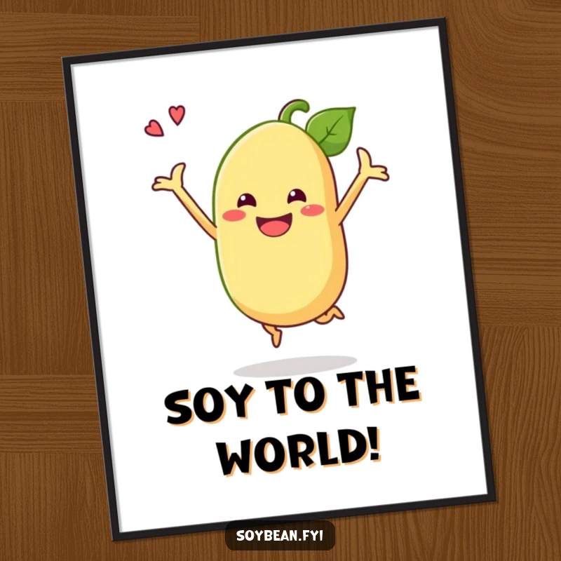 Funny Free Printable Wall Art: A grinning soybean character jumping high in a celebratory pose.