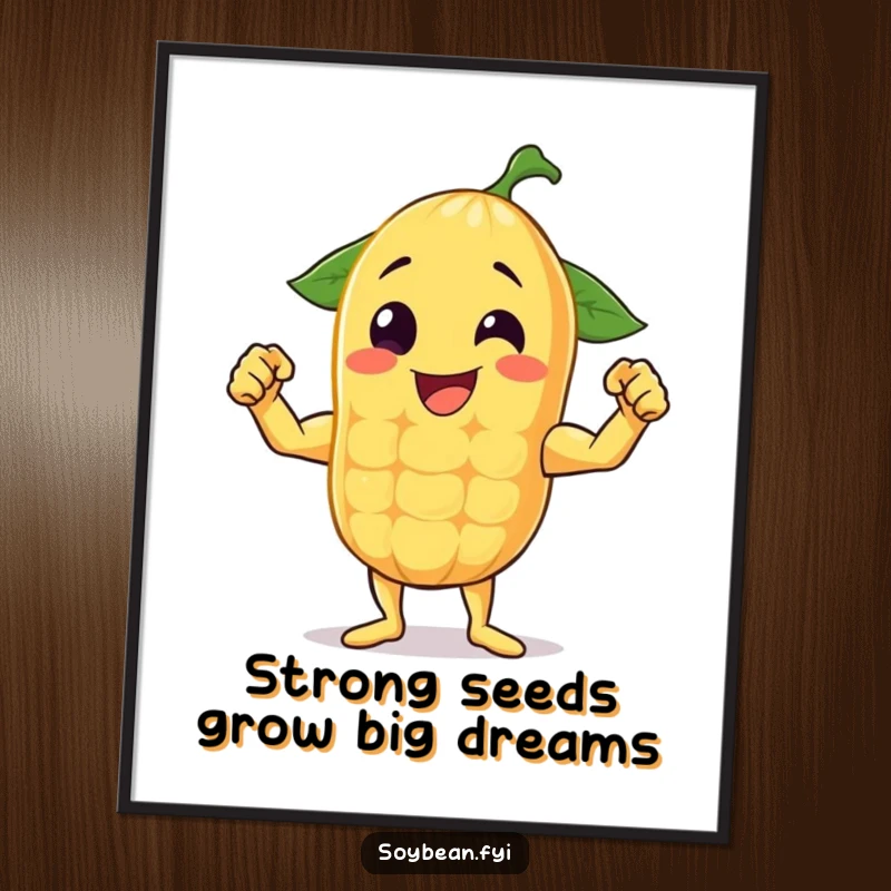 Funny Free Printable Wall Art: An anthropomorphic soybean confidently flexing its powerful muscles, perfect for a motivational touch.