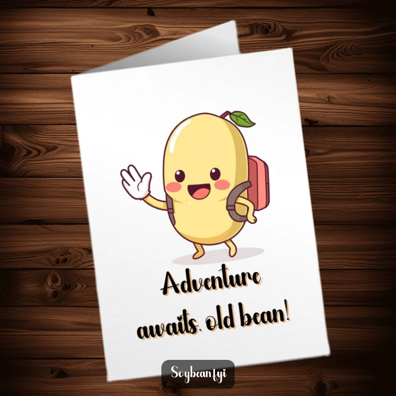 Funny Free Printable Birthday Card: A kawaii soybean character with a tiny backpack waving enthusiastically with a big, happy smile.