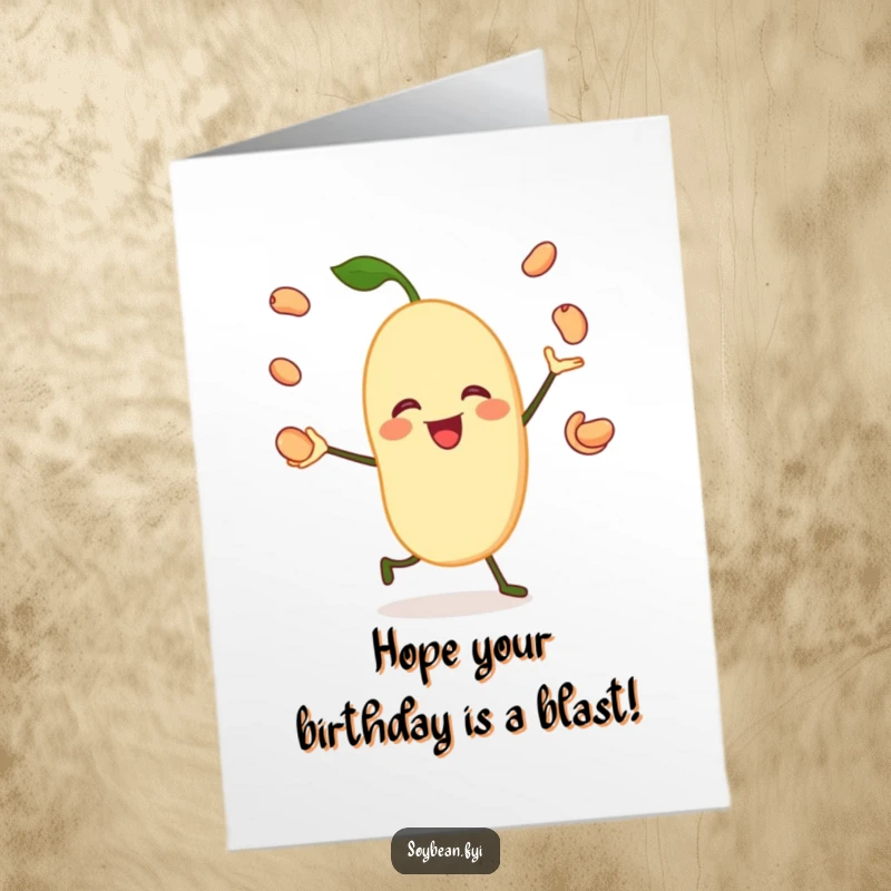 Funny Free Printable Birthday Card: A jovial soybean character skillfully juggling its own three bean pods.