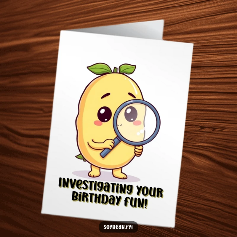 Funny Free Printable Birthday Card: Curious anthropomorphic soybean holding magnifying glass, examining birthday wishes with intrigue.