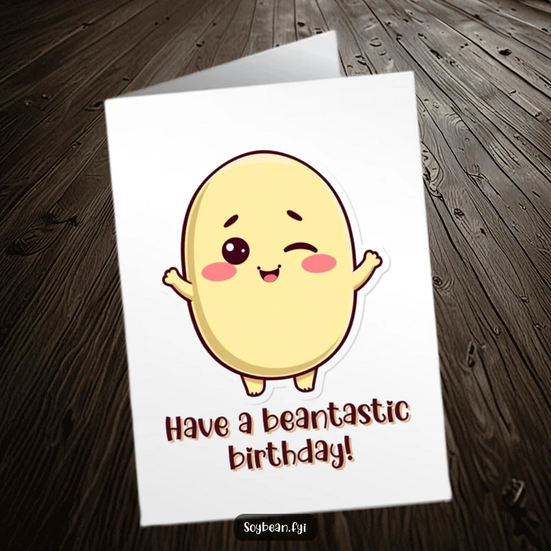 Funny Free Printable Birthday Card: A cute Kawaii soybean character winks and gives a friendly nod, radiating playful birthday cheer.