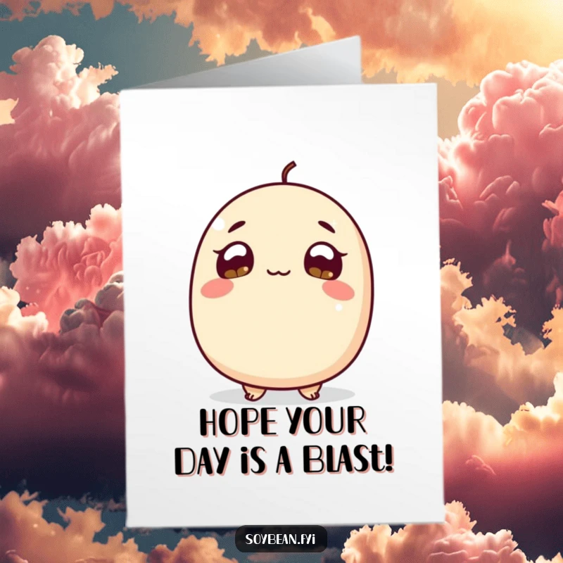Funny Free Printable Birthday Card: A curious soybean character looking up with wide, hopeful eyes, anticipating fun, instant download.