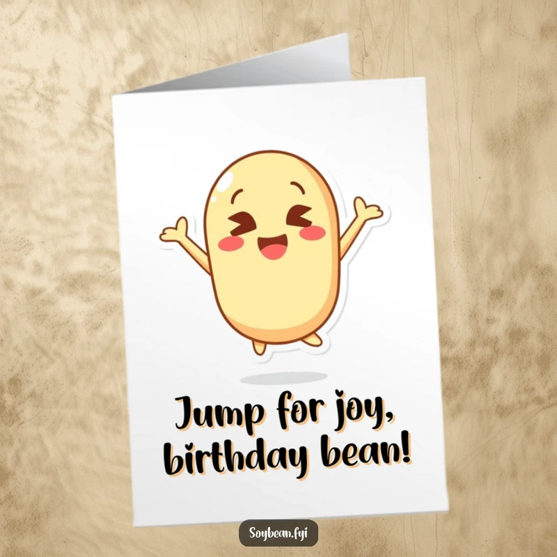 Funny Free Printable Birthday Card: Kawaii soybean character joyfully jumping with crossed eyes, celebrating.
