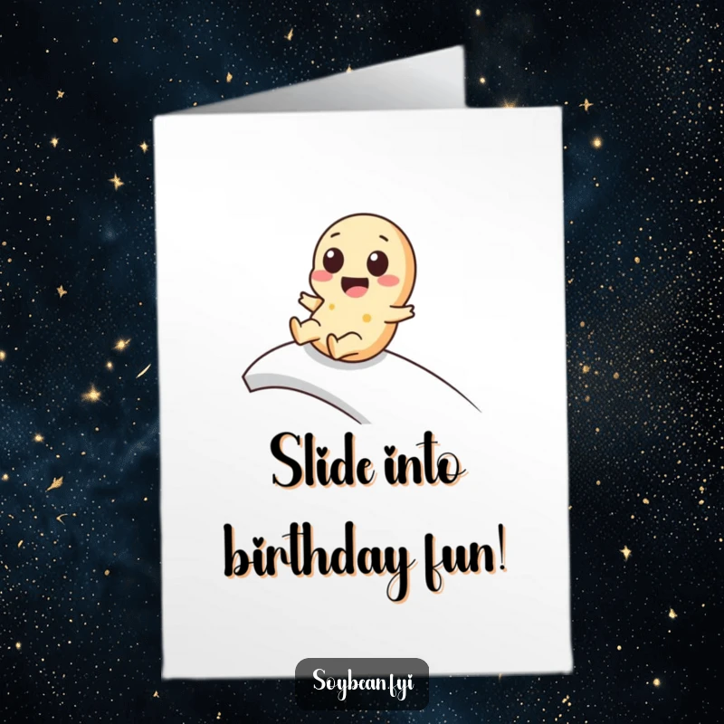 Funny Free Printable Birthday Card: A playful kawaii soybean character gleefully slides down a smooth ramp, celebrating joyfully.