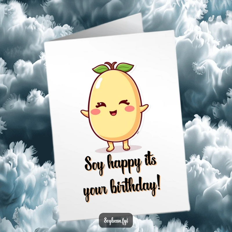 Funny Free Printable Birthday Card featuring a happy soybean character sharing a cheerful wink, ready to celebrate with humor.