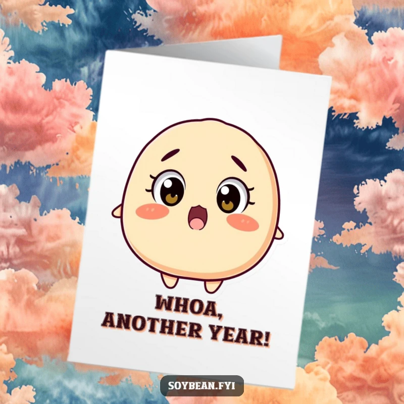 Funny Free Printable Birthday Card: A soybean with wide, shocked eyes tumbling backwards in surprise.