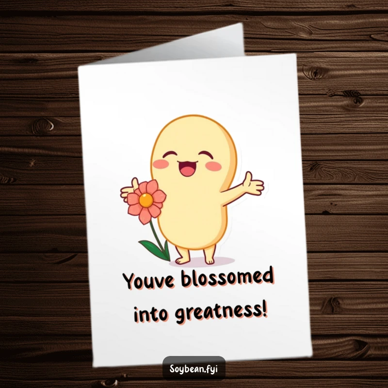 Funny Free Printable Birthday Card: A joyous kawaii soybean character hilariously embraces a flower, perfect for a cheerful birthday wish.