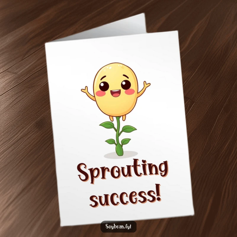 Funny Free Printable Congratulations Card: A content soybean precariously balanced on a tiny sprout.