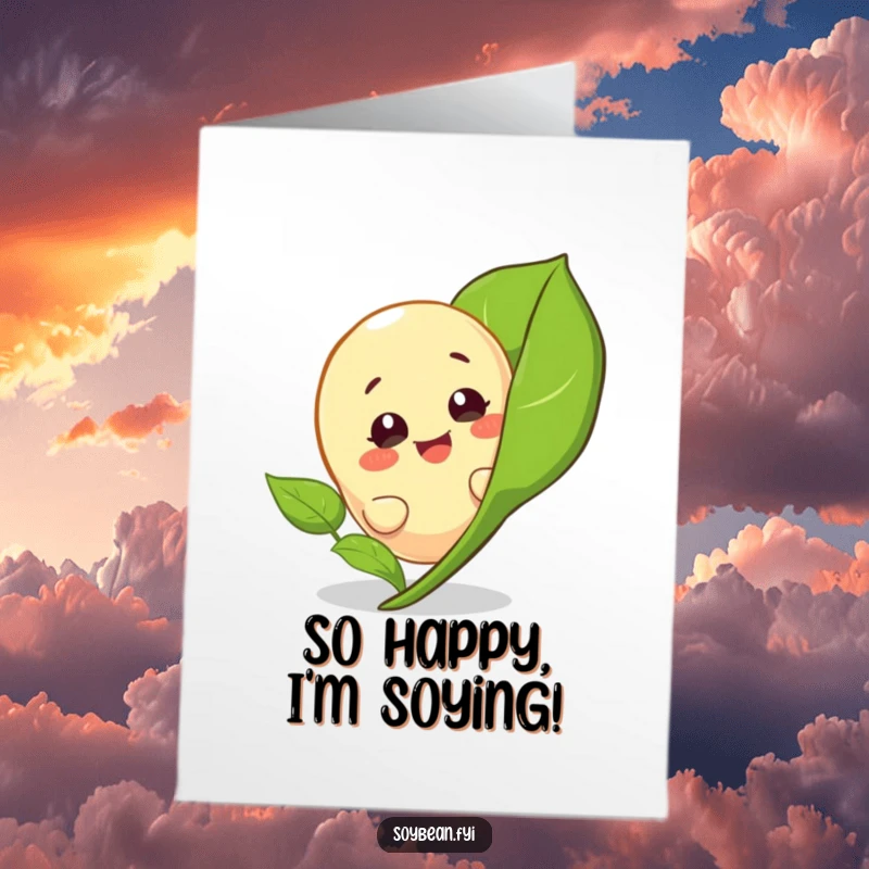 Funny Free Printable Congratulations Card with a giggling soybean character peeking mischievously from behind a leaf.