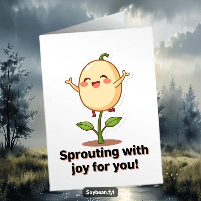Funny Free Printable Congratulations Card: A delighted soybean character bouncing with joy on a sprout.