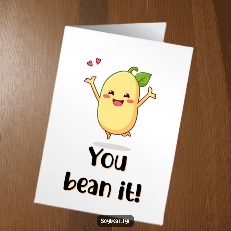Funny Free Printable Congratulations Card: A happy soybean leaping joyfully with a grin.