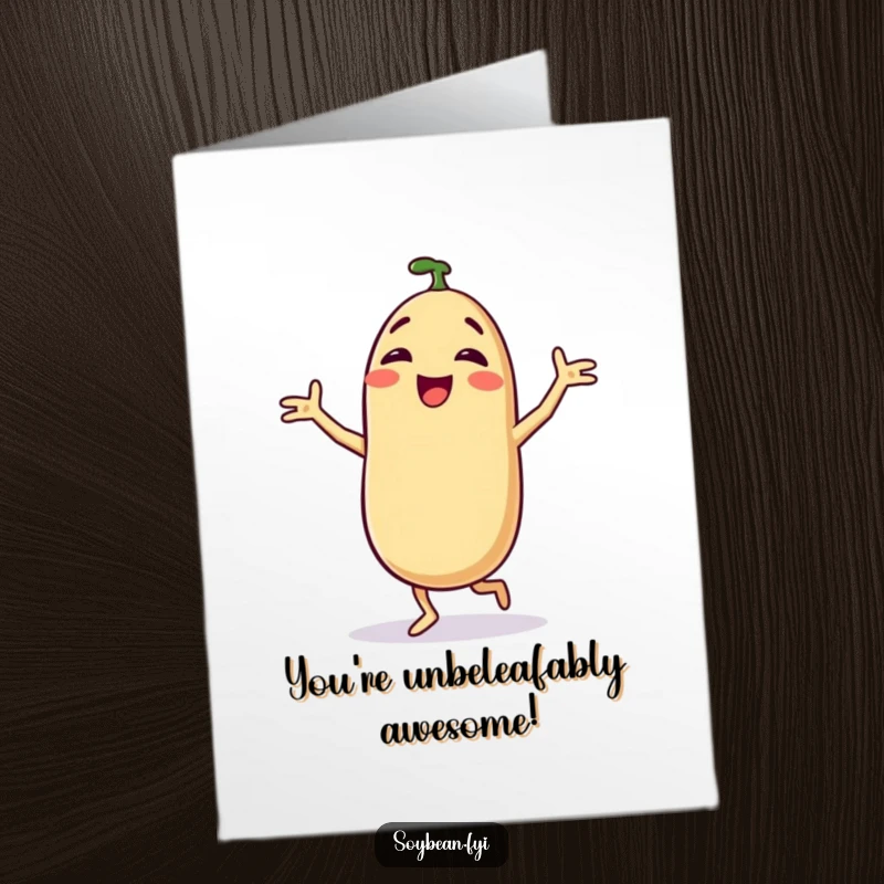 Free Printable Congratulations Card: An overjoyed anthropomorphic soybean doing a comical dance routine to celebrate success.