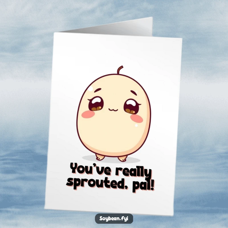 Funny Free Printable Congrats Card: A curious soybean character looking up with wide, hopeful eyes, celebrating dreams, instant download.