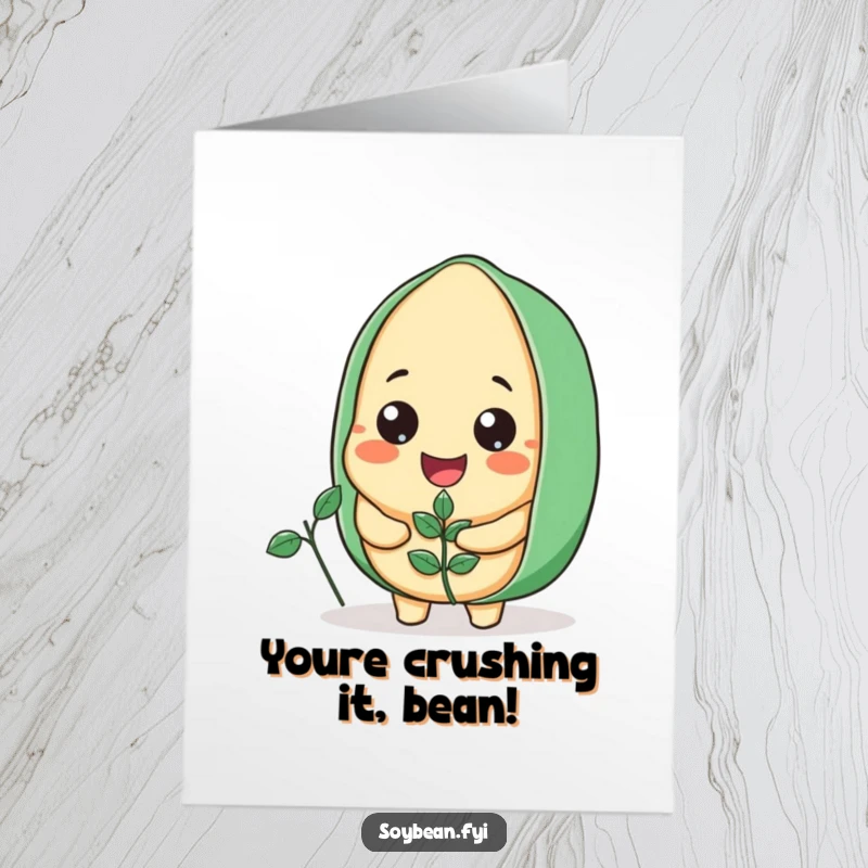 Funny Free Printable Congratulations Card: A smiling soybean character proudly holds a small plant, symbolizing new growth and success.