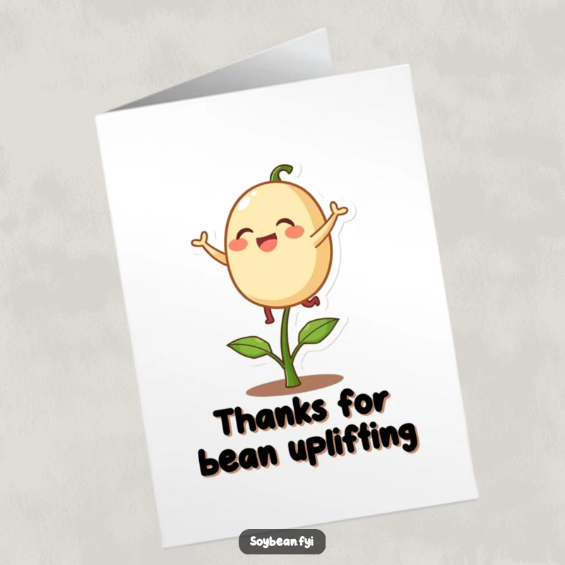 Funny Free Printable Thank You Card: A delighted soybean character joyfully bouncing on a sprout, saying thanks.