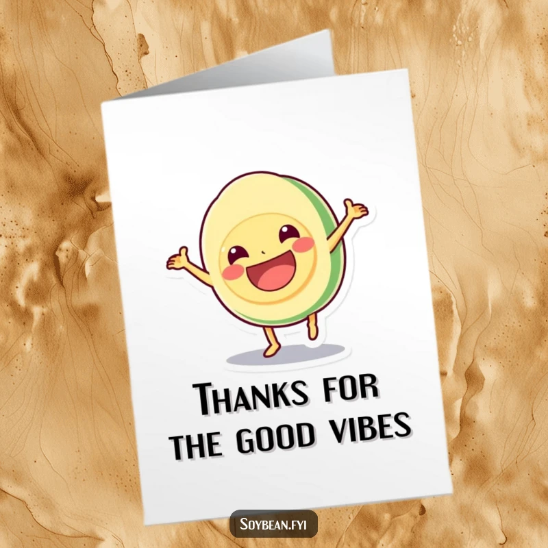 Funny Free Printable Thank You Card: A kawaii soybean character doing a cartwheel with a big grin, playfully expressing gratitude.