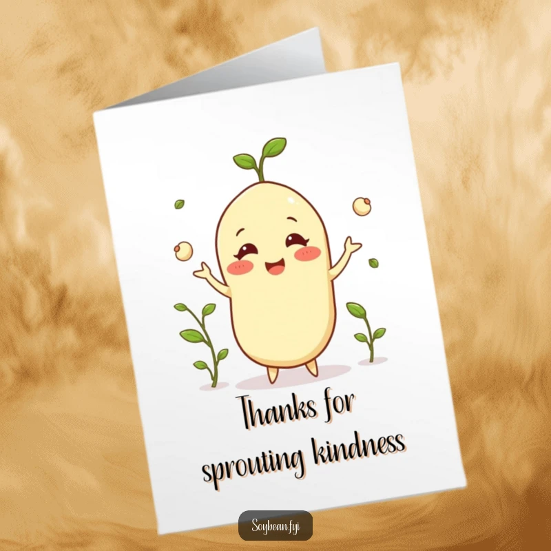 Funny Free Printable Thank You Card: A grinning soybean expertly juggling small sprouts, showing thanks.