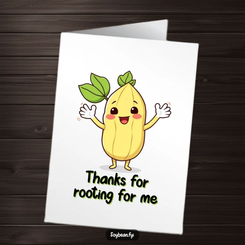 Funny Free Printable Thank You Card: A happy kawaii soybean character waves its leafy arms enthusiastically, offering thanks.