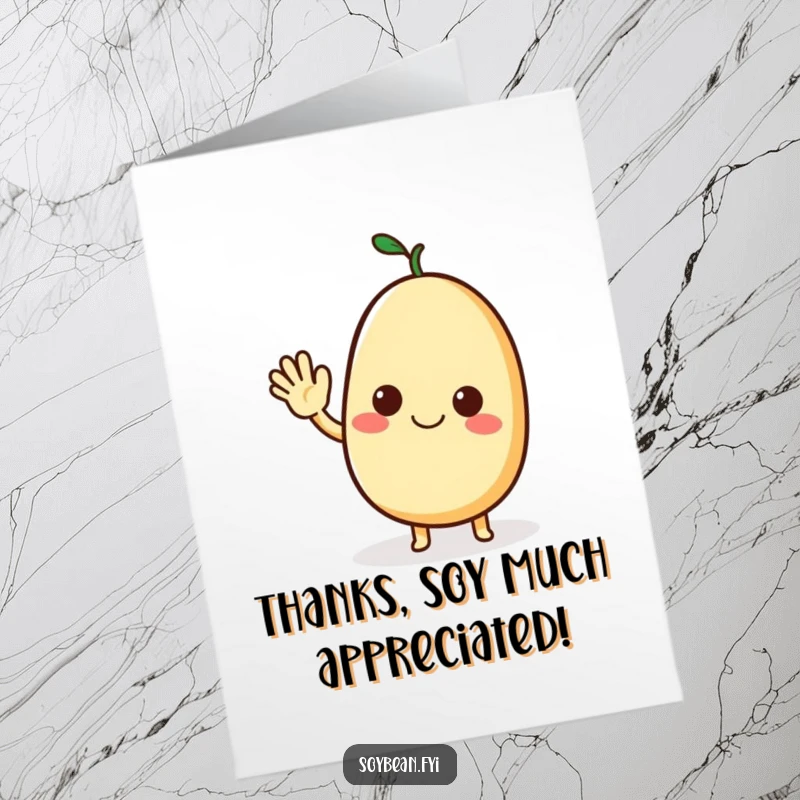Funny Free Printable Thank You card with a cheerful soybean character giving a friendly wave of thanks.