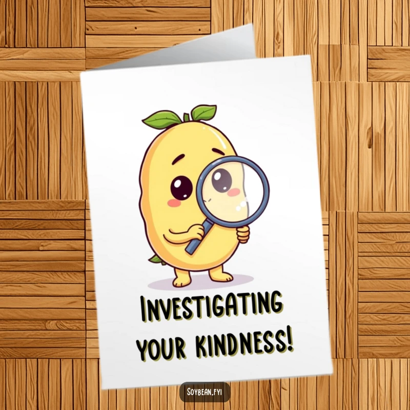 Funny Free Printable Thank You Card: Curious anthropomorphic soybean holding a magnifying glass, examining gratitude with detail.