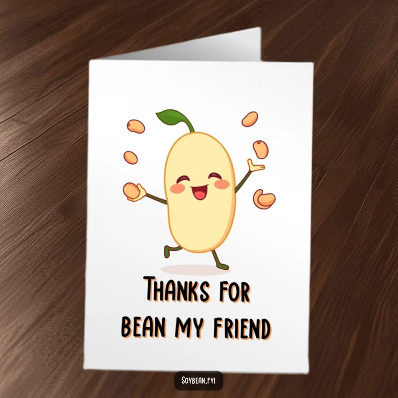 Funny Free Printable Thank You Card: A jovial soybean character happily juggling its beans, showing thanks.