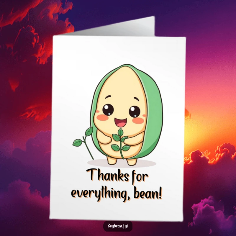 Funny Free Printable Thank You Card: A happy soybean character holds a small plant, conveying genuine thanks with a wide smile.