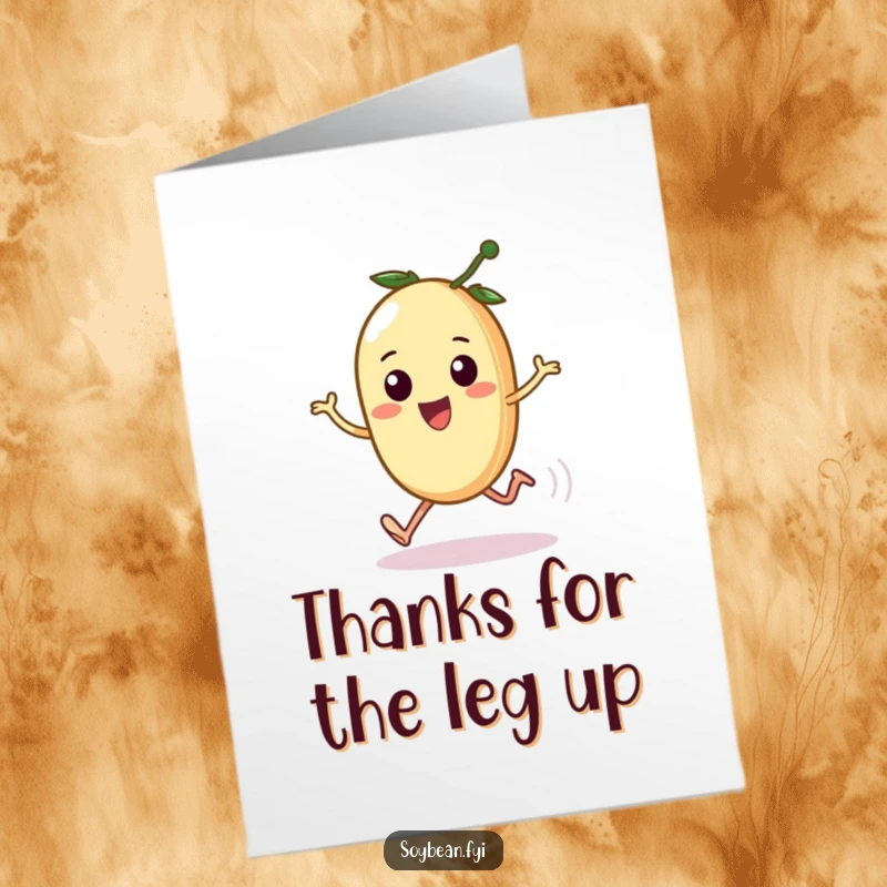 Funny Free Printable Thank You Card: A kawaii soybean pod with tiny legs comically sprinting to deliver a speedy message of thanks.