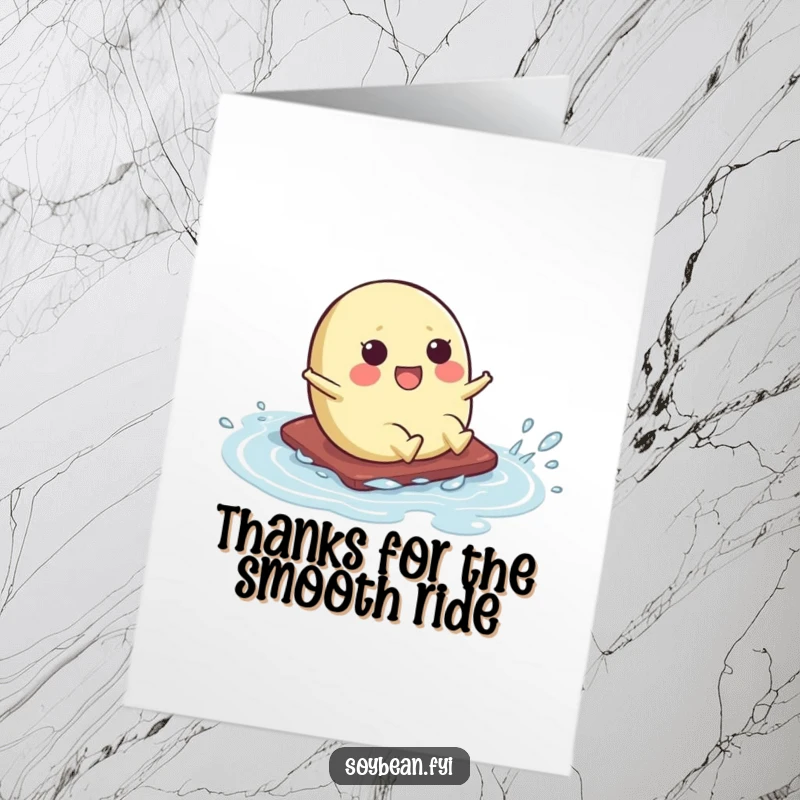 Funny Free Printable Thank You Card: Kawaii soybean character doing a comical slide on a wet surface.