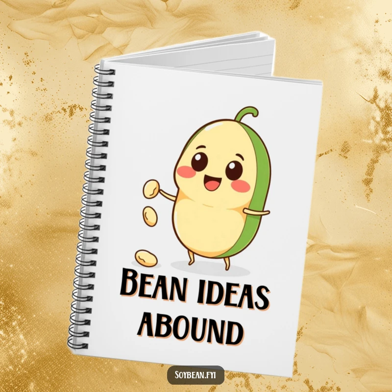 Funny Kawaii soybean character notebook, smiling and throwing a tiny bean, perfect for jotting down ideas with fun.