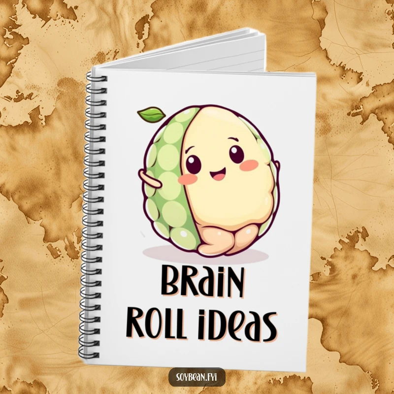 Funny Kawaii soybean character notebook cover, showing the character rolling happily like a tiny ball, ready to inspire joyful writing.