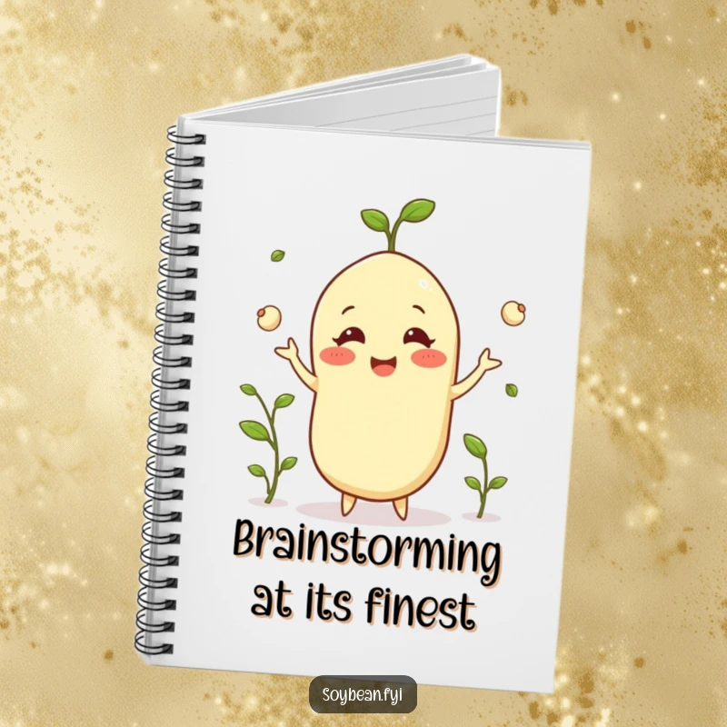 Funny happy soybean notebook grinning while juggling tiny sprouts, perfect for capturing ideas with flair, a creative funny gift.