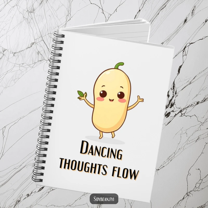 Funny notebook cover with a dancing soybean character with leafy arms, symbolizing creativity and rhythm, ideal for writing and planning.