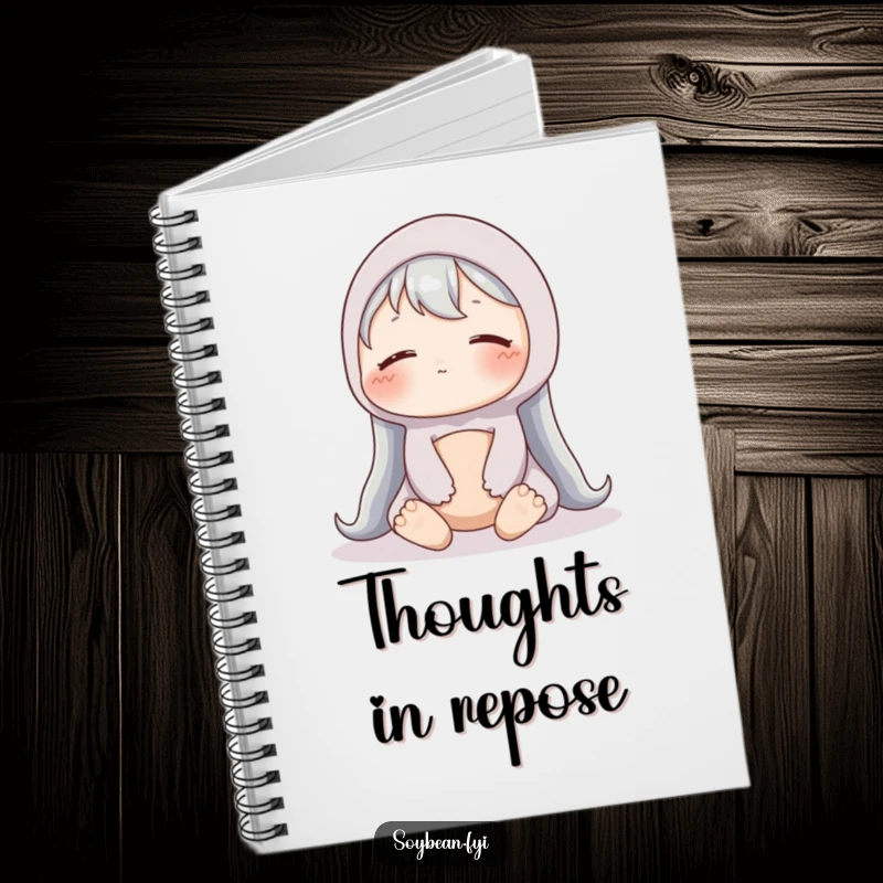 Funny Soybean Notebook: A content soybean sits peacefully on a notebook cover, ideal for calm journaling.