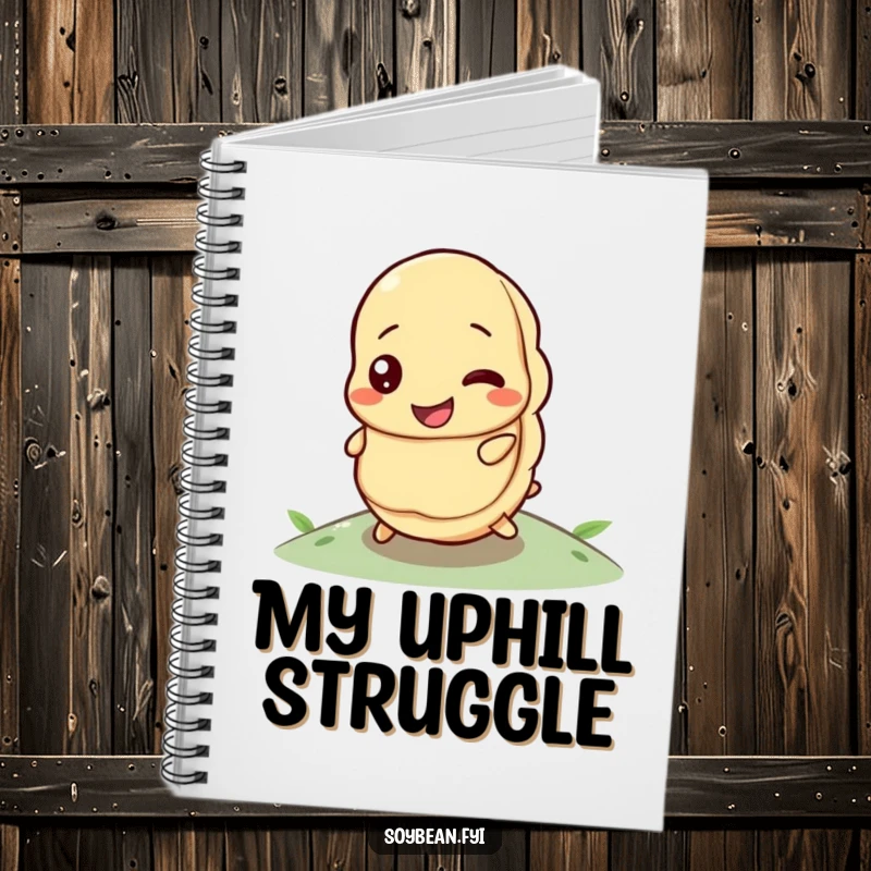 Funny notebook featuring a happy soybean determinedly rolling uphill, ideal for jotting down goals.